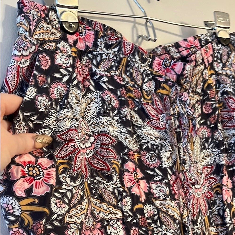 LOFT Wide Leg Cropped Flowy Drawstring Floral Pants Black Pink Women's Medium‎ - Picture 3 of 5